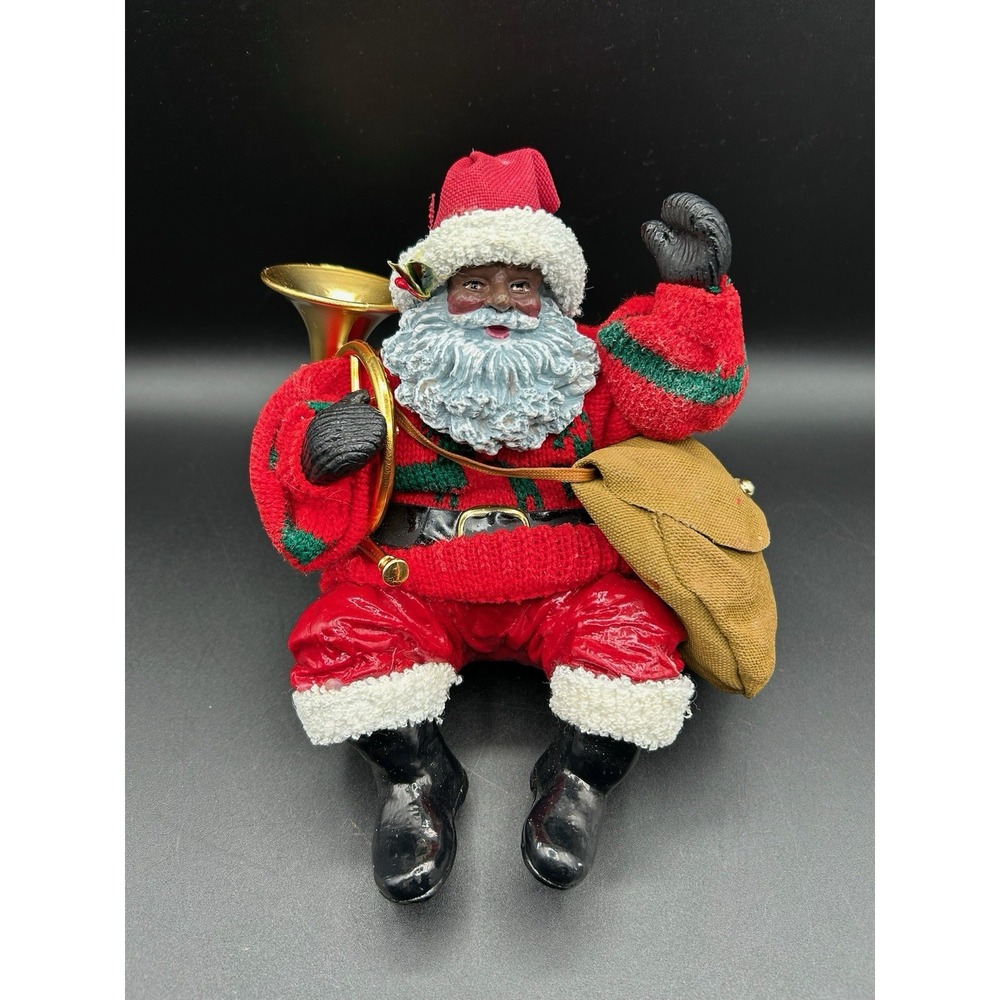 Vintage Clothtique Style Black Santa Claus Figurine Fabric Mache Horn Bag 6"